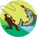 Fly Fisherman Hooking Salmon Circle Rero Stock Photo