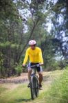 Man And Mountain Bike Riding In Jungle Track Use For Bicycle Spo Stock Photo