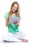 Beautiful Young Woman With Digital Tablet Stock Photo