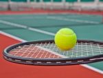 Tennis Court With Ball And Racket Stock Photo