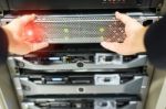 Man Fix Server Network In Data Center Room Stock Photo