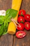 Italian Spaghetti Pasta Tomato And Basil Stock Photo