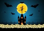 Halloween Castle Skull Witch Moon Bat  Stock Photo