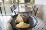 People Hand Hold Plate Serving Fresh Baked Bakery Stock Photo