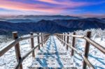 Beautiful Sunrise And Staircase On Deogyusan Mountains Covered With Snow In Winter,south Korea Stock Photo