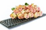 Bouquet Of Pink Roses On Keyboard Stock Photo