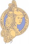 Athena With Owl On Shoulder Circuit Circle Mono Line Stock Photo