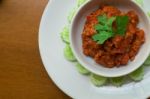 Nam Prik Ong, Thai Northern Style Minced Pork And Tomato Relish Paste Dip. Very Famous Spicy Yummy Hot Chilli Pepper Paste Sauce Stock Photo