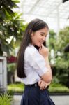 Portrait Of Thai High School Student Uniform Teen Beautiful Girl Happy And Relax, Stock Photo