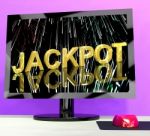 Jackpot Word With Fireworks On Computer Showing Winning Stock Photo