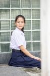 Portrait Of Thai High School Student Uniform Teen Beautiful Girl Happy And Relax, Stock Photo