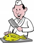 Japanese Fishmonger Cutting Fish Stock Photo