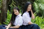 Two Asia Thai High School Student Best Friends Beautiful Girl Smile And Funny Stock Photo