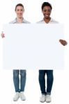 Women Displaying Blank Whiteboard Stock Photo