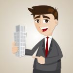 Cartoon Businessman Holding Building Stock Photo