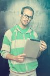 Good Looking Smart Nerd Man With Tablet Computer Stock Photo