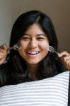 Funny Girl With Spoon And Fork Stock Photo