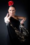 Young Flamenco Dancer In Beautiful Dress On Black Background Stock Photo