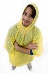 High Angle View Of Man Wearing Raincoat Stock Photo