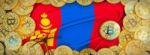 Bitcoins Gold Around Mongolia  Flag And Pickaxe On The Left.3d I Stock Photo