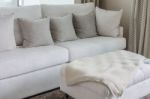 Classic White Sofa With Pillows Stock Photo