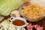 Handmade Preparation Of Sauerkraut And Cabbage Kimchi Stock Photo