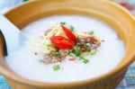 Close Up Of  Rice Porridge In Ceramic Bowl Stock Photo