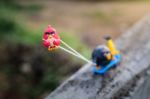 Red Angry Bird Pull His Friends Up The Hill With A Rope Attached Stock Photo