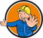 Builder Hand Stop Signal Circle Cartoon Stock Photo