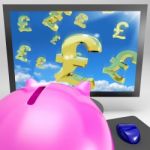 Pound Symbols Flying On Monitor Showing Britain Wealth Stock Photo