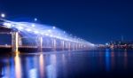 Rainbow Fountain Show At Banpo Bridge In Seoul, South Korea Stock Photo