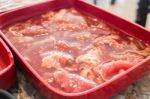 Raw Sliced Pork Preparing For Homemade Sukiyaki Stock Photo