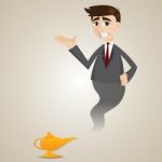 Cartoon Businessman Come From Magic Lamp Stock Photo