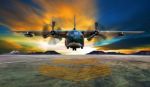 Military Plane Landing On Airforce Runways Against Beautiful Dus Stock Photo