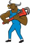 Minotaur Bull Plumber Wrench Isolated Cartoon Stock Photo