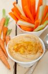 Fresh Hummus Dip With Raw Carrot And Celery Stock Photo