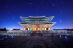 Gyeongbokgung Palace With Star Trails At Night In Seoul,korea Stock Photo