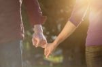 Happy Couple  In The Autumn Park Holding Hands Looking In The Su Stock Photo