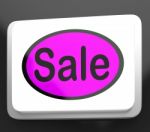 Sales Button Shows Promotions And Deals Stock Photo