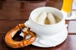 Bavarian Weisswurst, Pretzel And Beer Stock Photo