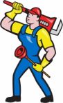 Plumber Carrying Wrench Plunger Cartoon Stock Photo