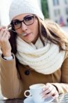 Portrait Of Young Beautiful Woman Drinking Coffee Outdoor Stock Photo