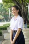 Portrait Of Thai High School Student Uniform Teen Beautiful Girl Happy And Relax, Stock Photo