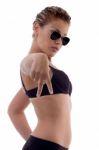 Portrait Of Sexy Model With Peace Sign, Hand Gesture Stock Photo