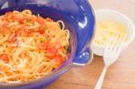 Italian Pasta With Ham, Tomato And Champignon Mushrooms Stock Photo