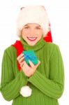 Santa Woman With Gift Stock Photo