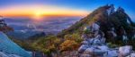 Sunrise At Baegundae Peak And Bukhansan Mountains In Autumn,seoul In South Korea Stock Photo