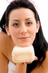 Front View Of Woman With Scrubber On White Background Stock Photo