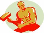 Athlete With Sledgehammer Training Oval Retro Stock Photo