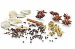 Assorted Exotic Spices On White Background Stock Photo